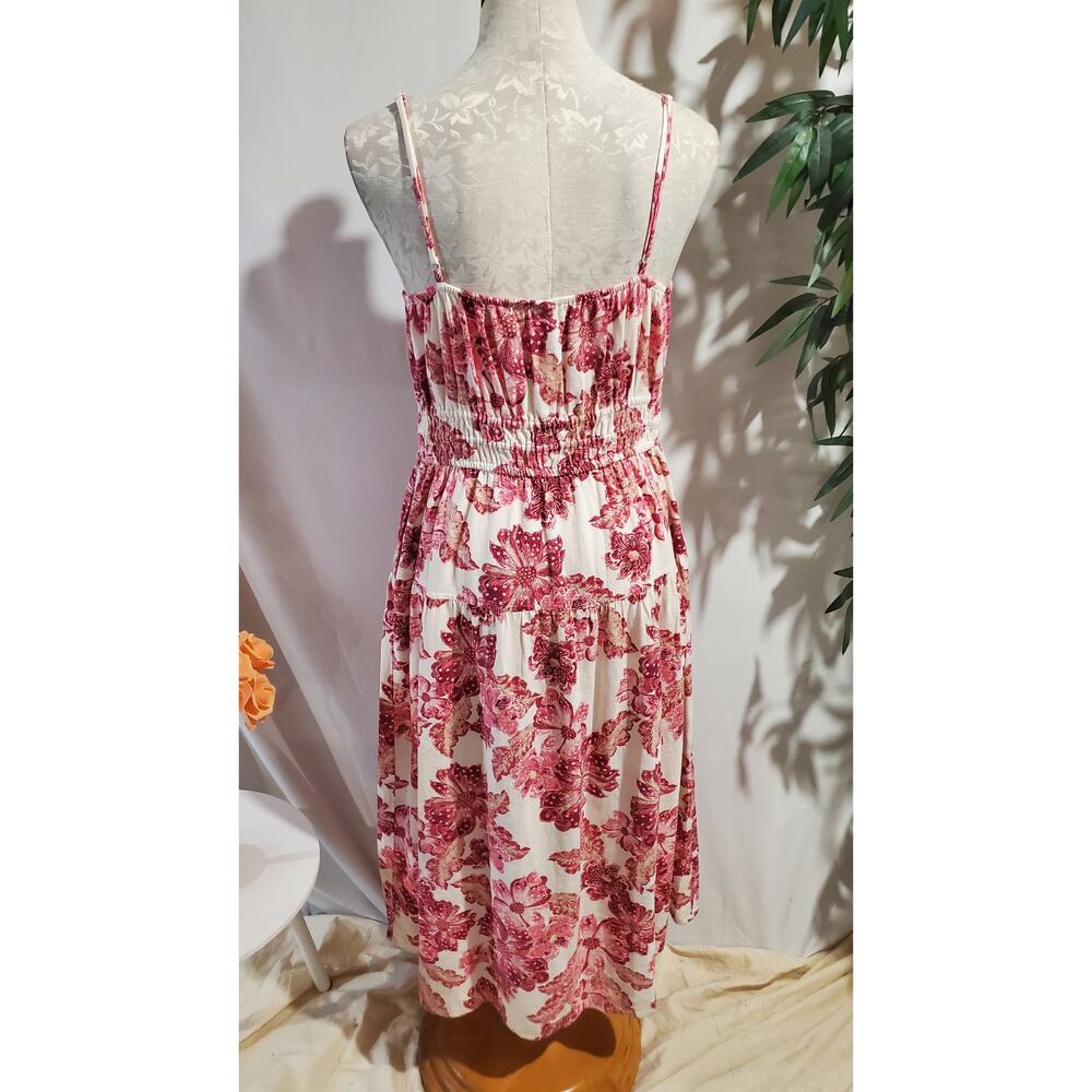 Old Navy Cami Smocked Tiered Floral Linen Blend Maxi Dress Size L Pockets Summer - Picture 3 of 13
